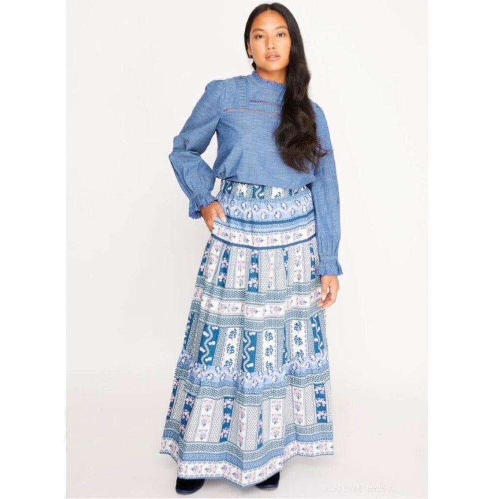 NWT Ophelia & Indigo Edith Maxi Skirt Vintage Floral Blue Boho Block Medium